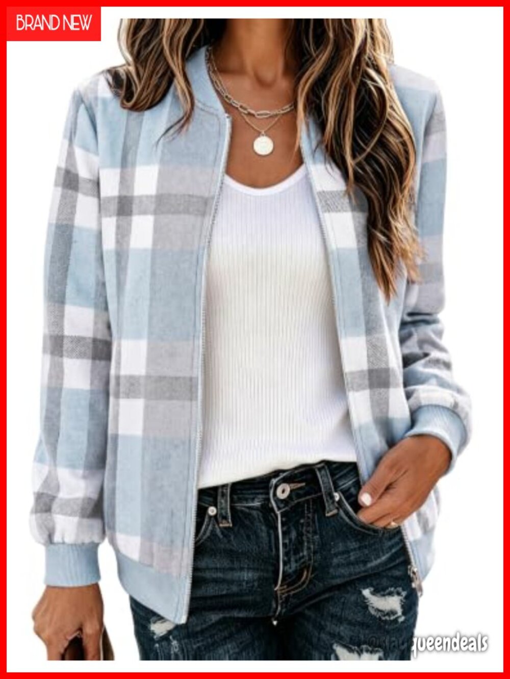 Cotton Wool Blend Plaid Bomber Jacket Zip Up Flannel Coat Women